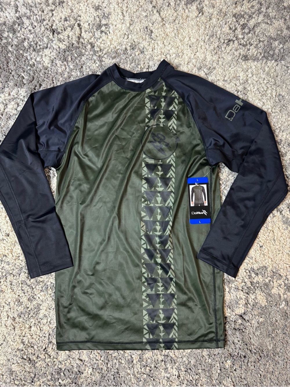 Da Hui, Men's Olive Green & Black Long Sleeve Rash Guard, Large